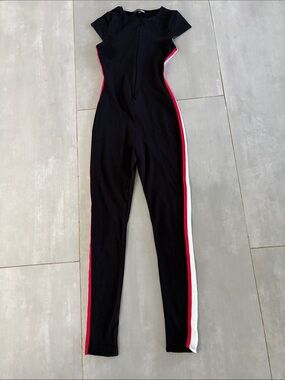 Fashion Nova Black Jumpsuit with Red and White Side Stripes